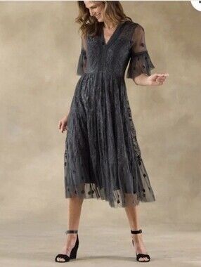 Tolani Charcoal Gray Embroidered Tulle Midi Dress